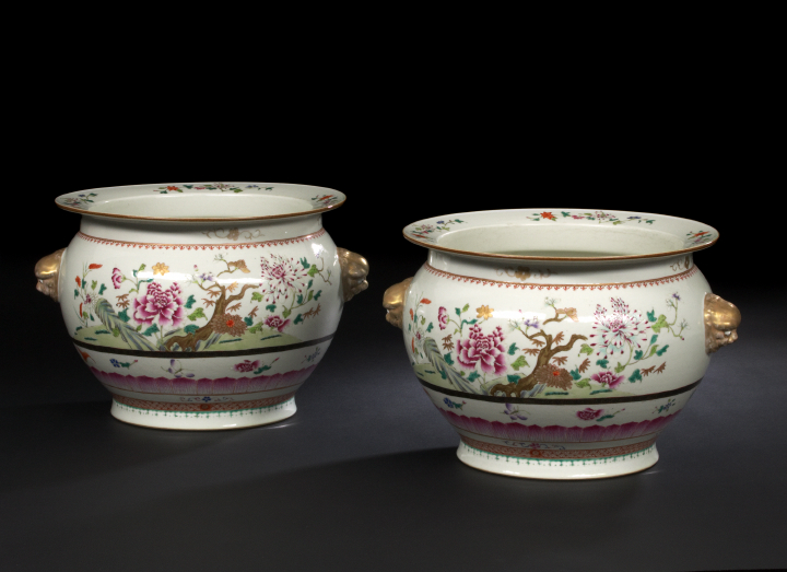 Appraisal: Pair of Chinese Famille Rose Porcelain Jardinieres each of bulbous