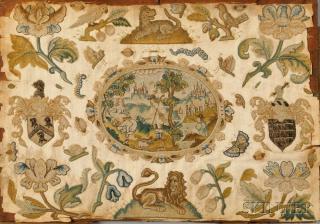 Appraisal: Needlework Picture on Silk England c the central scene featuring