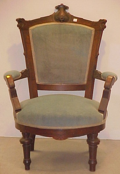 Appraisal: th C open armchair with pale blue crewelwork upholstery spindle