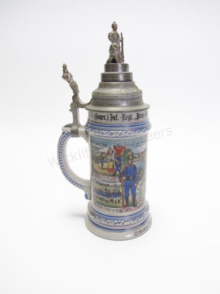 Appraisal: Liter Stoneware regimental stein with screw-off finial th Bavarian Infantry