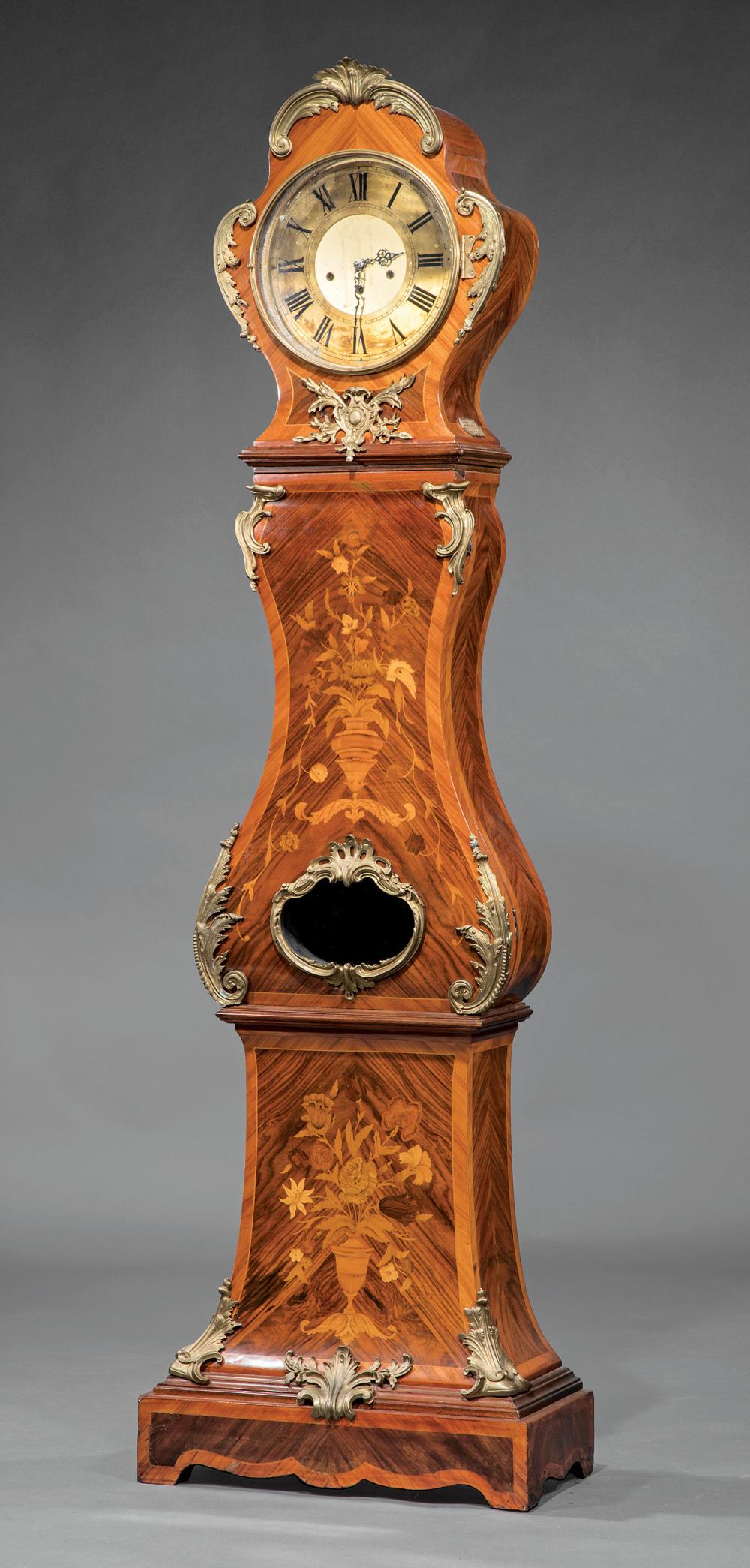 Appraisal: Louis XVI-Style Bronze-Mounted Marquetry and Kingwood Parquetry Tall Case Clock