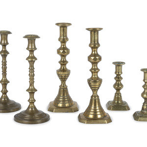 Appraisal: Three Pairs of English Brass Candlesticks Height of largest pair