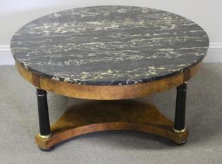 Appraisal: BAKER Empire Style Marbletop Coffee Table Signed with lacquered pillars