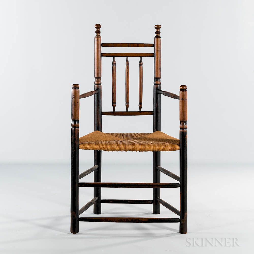 Appraisal: Black-painted Turned Ash Armchair Black-painted Turned Ash Armchair early th