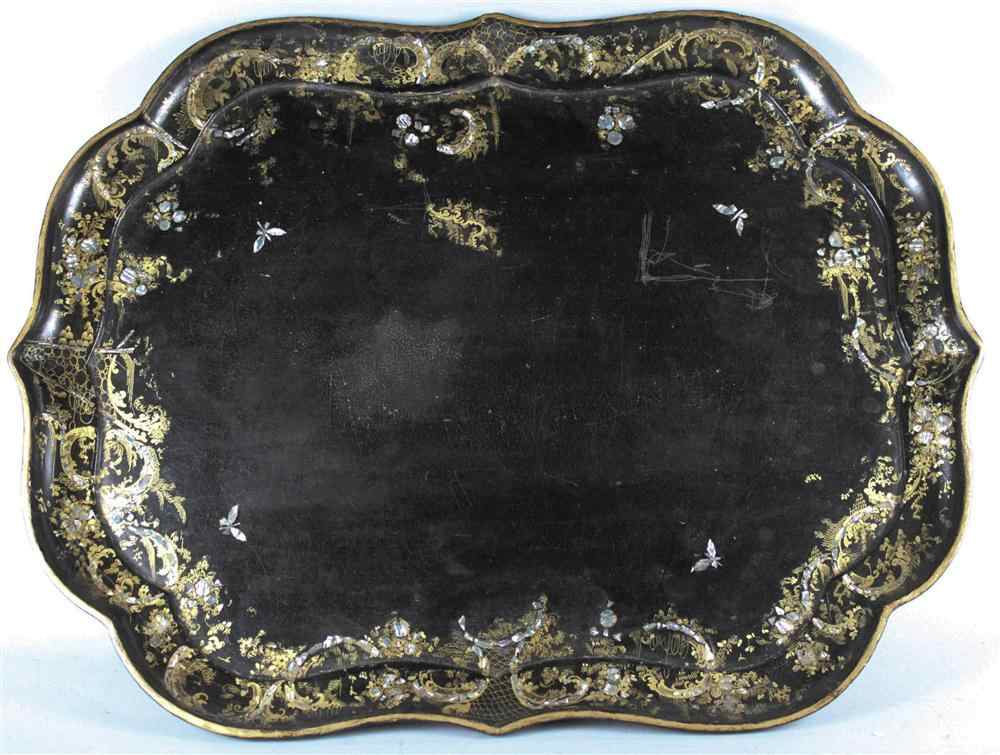 Appraisal: VICTORIAN MOTHER-OF-PEARL-INLAID PAPIER MACHE TRAY of shaped oblong form within