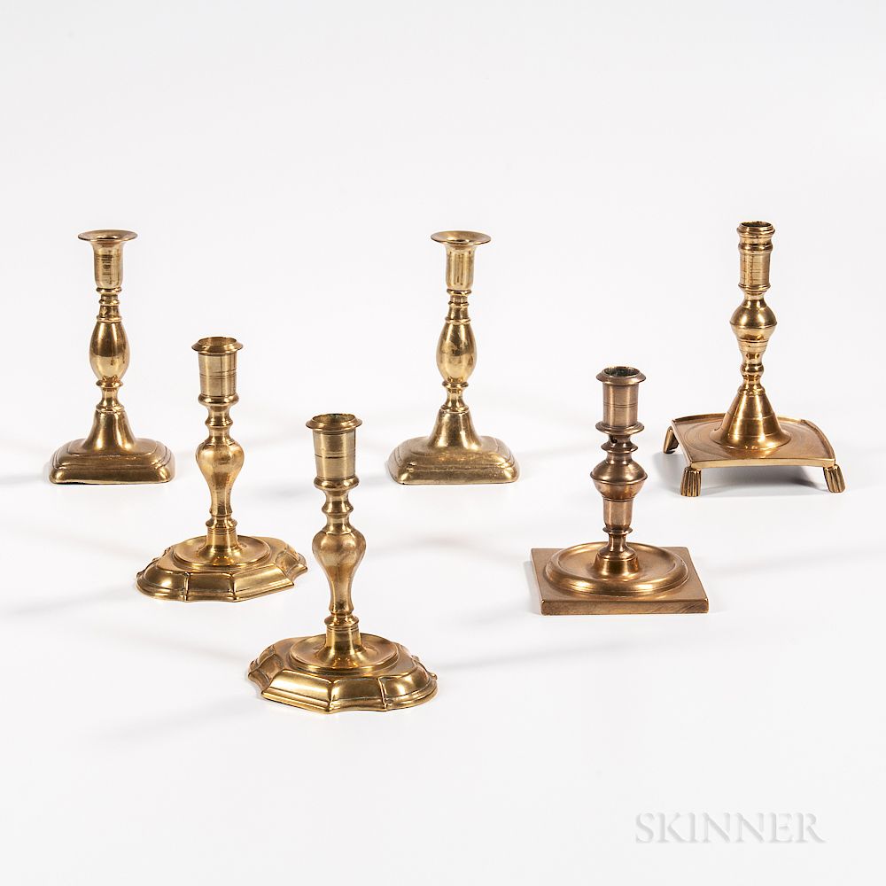 Appraisal: Six Continental Brass Candlesticks Six Continental Brass Candlesticks th early