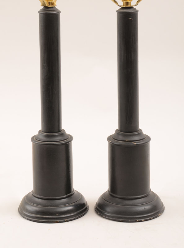 Appraisal: Pair of Ebonized Columnar-Form Lamps x in diam overall The