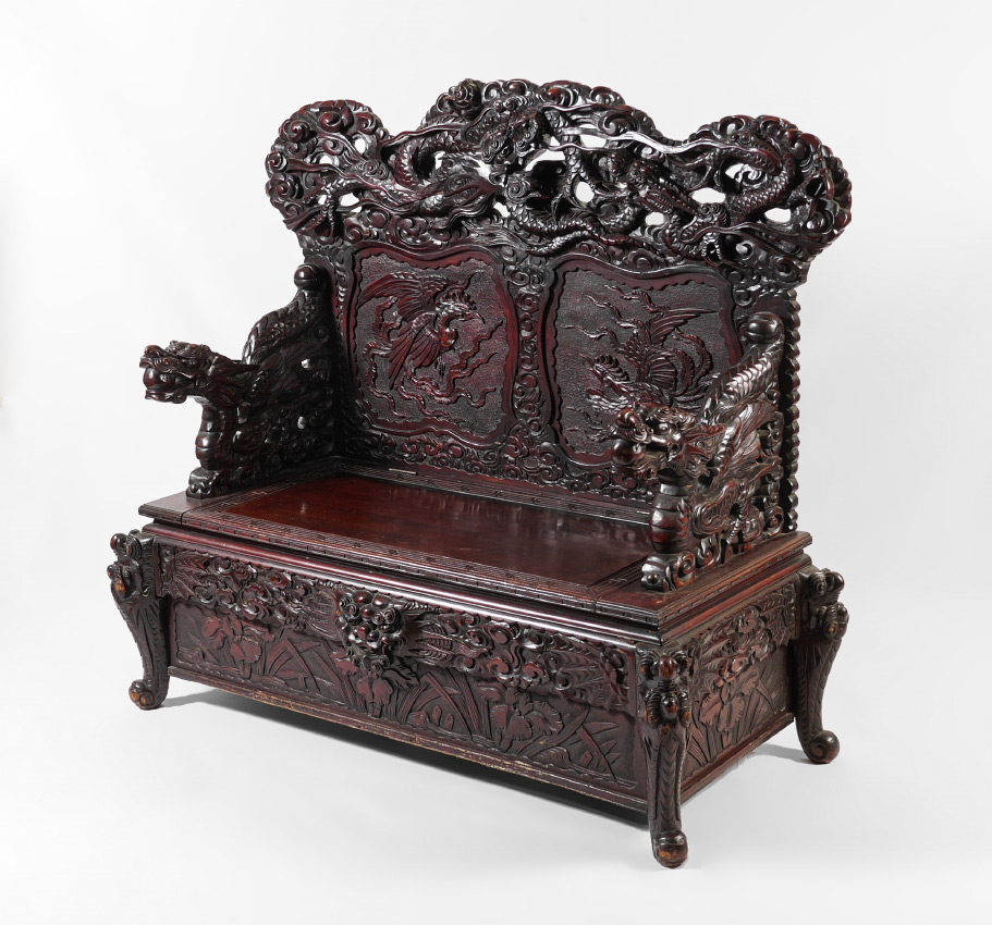 Appraisal: JAPANESE CARVED FIGURAL DRAGON BENCH Richly carved openwork crest with