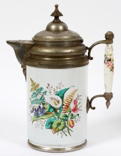 Appraisal: CONTINENTAL HAND PAINTED PORCELAIN AND PEWTER COFFEE POT C H