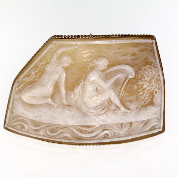 Appraisal: LARGE SHELL CAMEO BROOCH k ca Panel depicts muses on