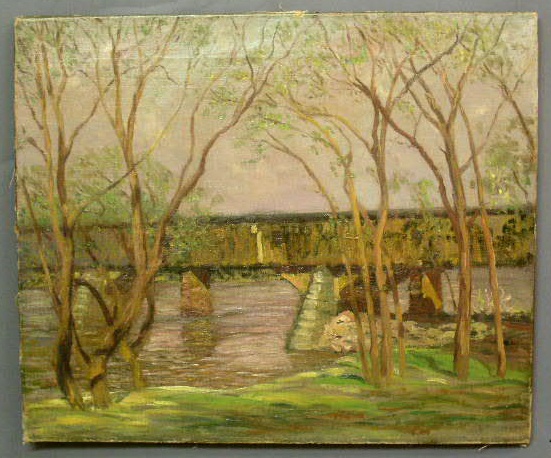 Appraisal: Oil on canvas Pennsylvania impressionist landscape Center Bridge north of