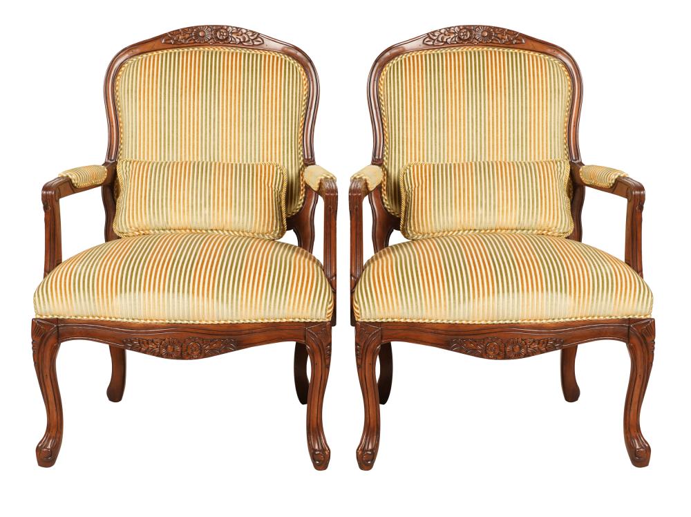 Appraisal: PAIR OF FRENCH PROVINCIAL-STYLE FAUTEUILSafter unsigned covered with striped cut