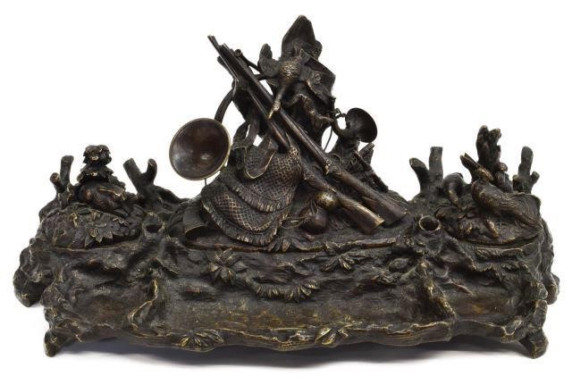 Appraisal: Patinated bronze encrier desk stand late th c with motifs