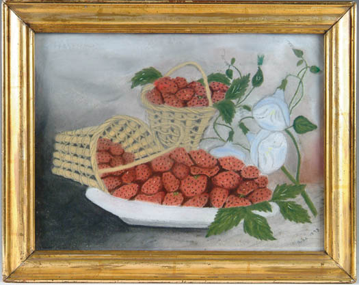 Appraisal: PRIMITIVE STILL LIFE OF STRAWBERRIES AND MORNING GLORIES Signed Alda