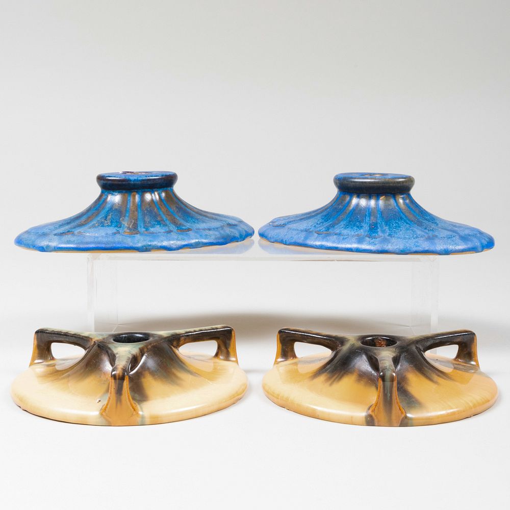 Appraisal: Two Pairs of Fulper Pottery Glazed Candlesticks Black printed mark