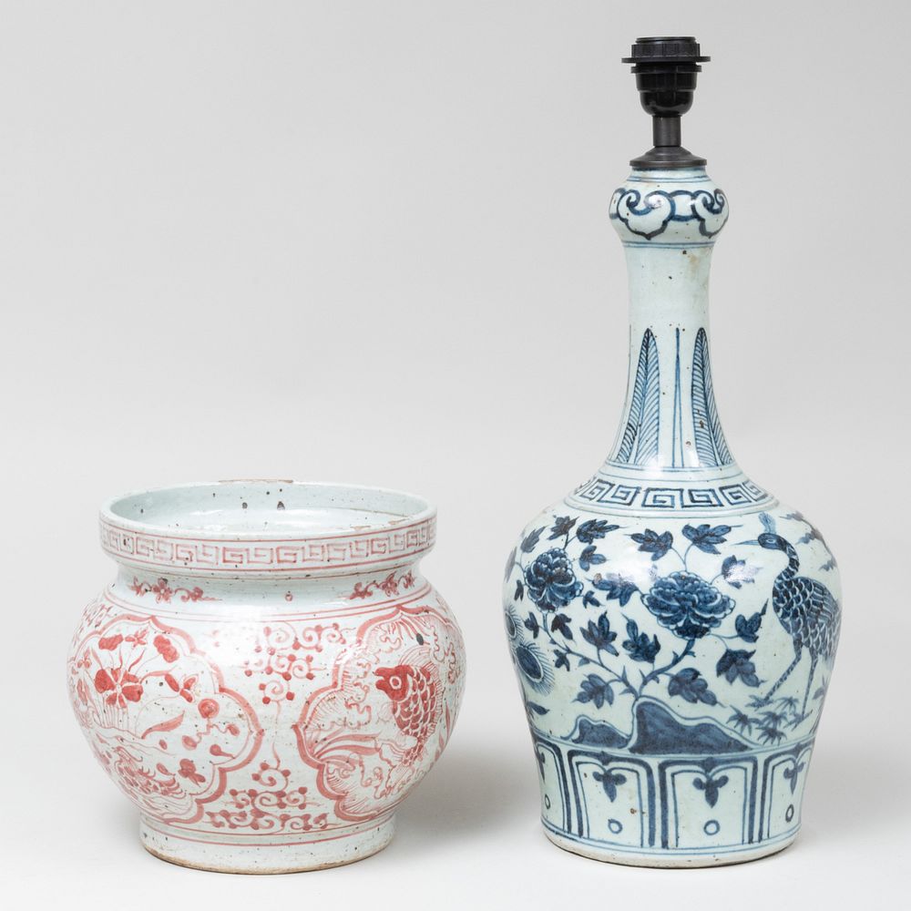 Appraisal: Chinese Blue and White Porcelain Bottle Vase Mounted as a