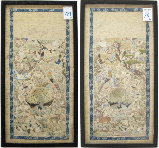 Appraisal: PAIR OF JAPANESE EMBROIDERIES ON SILK depicting birds and deer