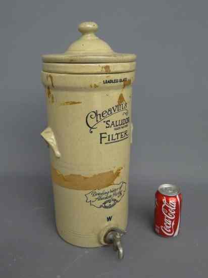 Appraisal: Early ''Cheavin's Saludor'' water cooler with insert and lid ''