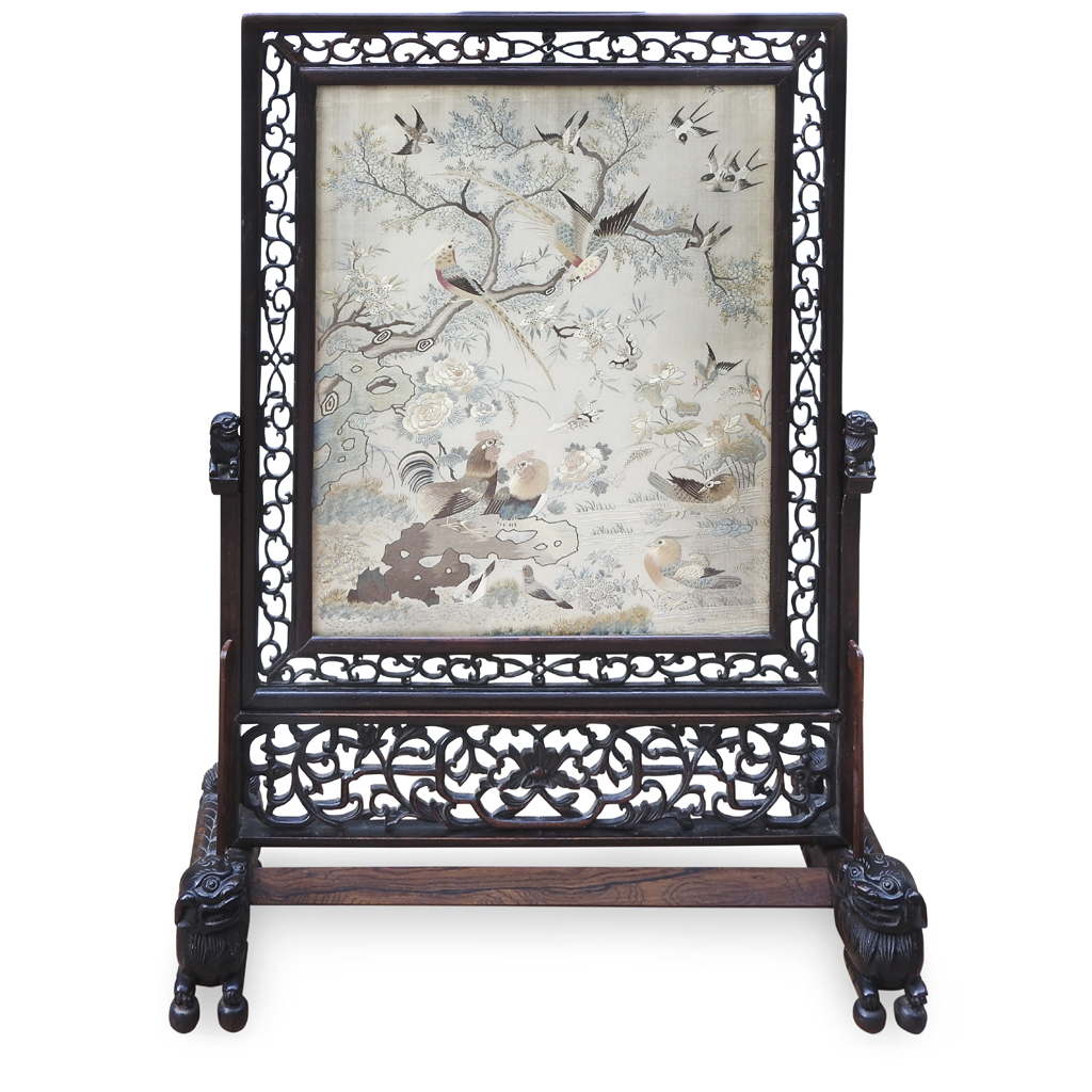 Appraisal: EMBROIDERED SILK AND HARDWOOD 'HUNDRED BIRDS' SCREEN QING DYNASTY TH