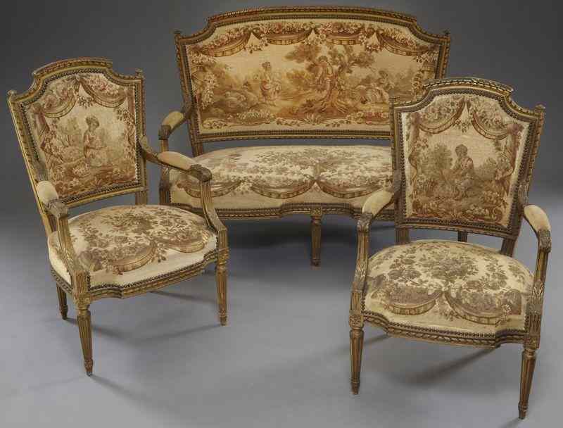 Appraisal: pc Louis XVI style gilt wood salon setthe settee and