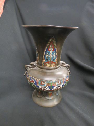 Appraisal: Japanese Champleve Bronze Vase serpent and ring handles flared top