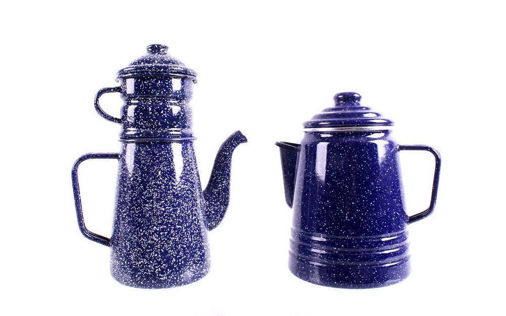 Appraisal: Speckled Blue Enamel Camping Press Percolator For your consideration is