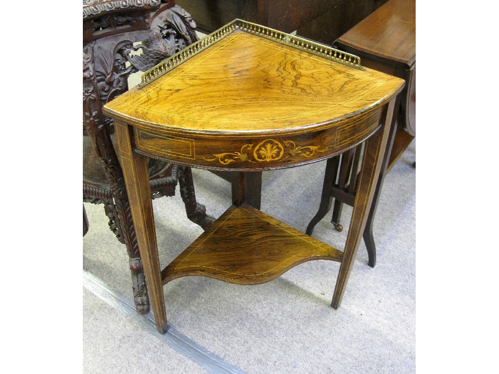 Appraisal: Edwardian rosewood and inlaid corner whatnot with brass gallery