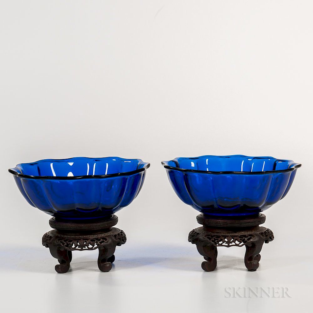 Appraisal: Pair of Cobalt Blue Peking Glass Bowls Pair of Cobalt