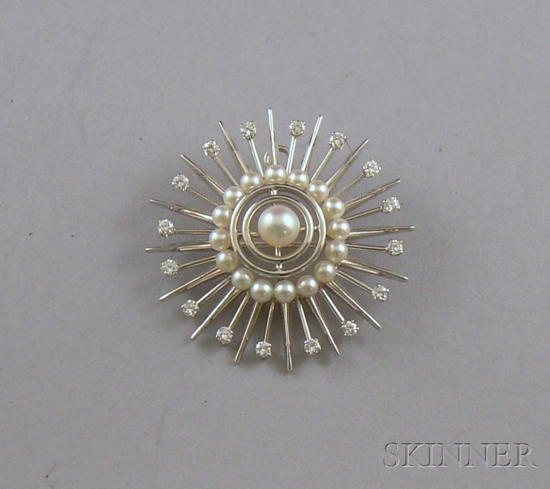 Appraisal: kt White Gold and Pearl Sunburst Pendant Brooch