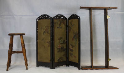 Appraisal: Tall Pine Stool Oriental Inspired Screen and Oak Book Shelf