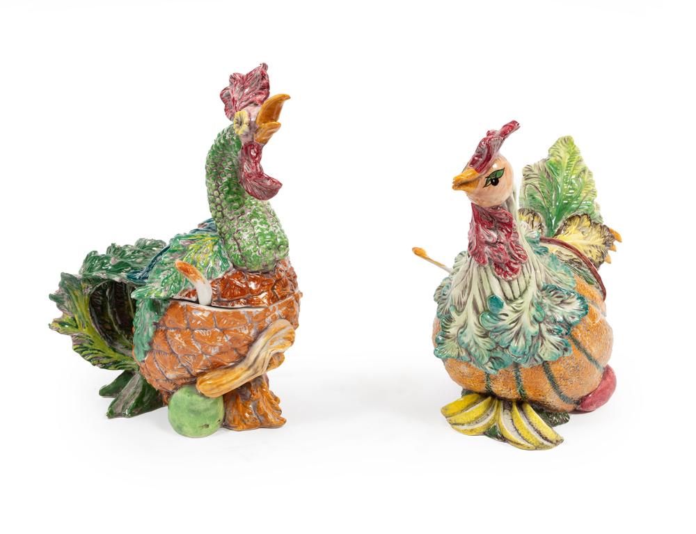 Appraisal: PAIR OF ITALIAN MAJOLICA ROOSTER AND HEN TUREENSPair of Italian