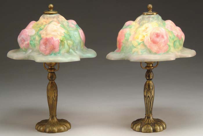 Appraisal: PAIR OF PAIRPOINT PUFFY ROSE BONNET LAMPS Lovely Pairpoint puffy