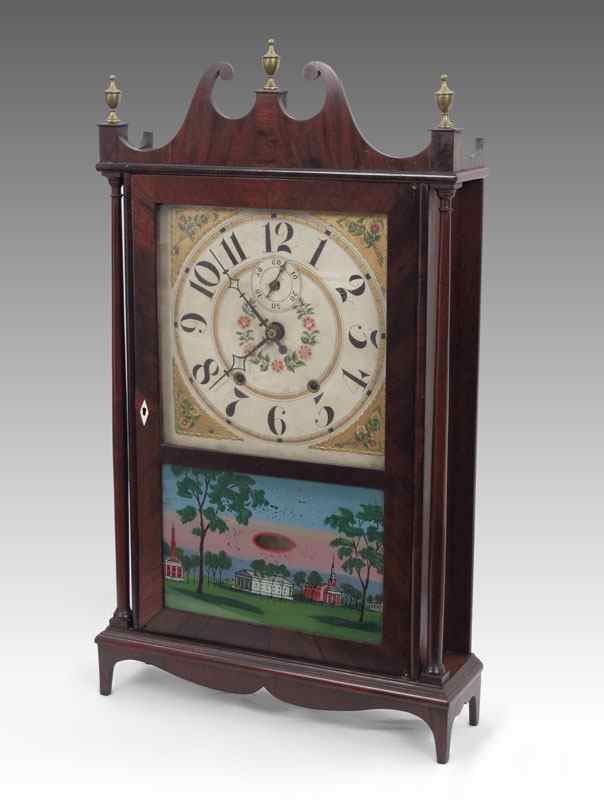 Appraisal: SETH THOMAS MAHOGANY PILLAR SCROLL CLOCK th Century mahogany veneer