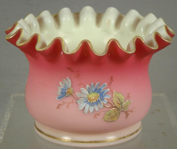 Appraisal: Satin Rubina cased glass rose bowl with enameled decoration h