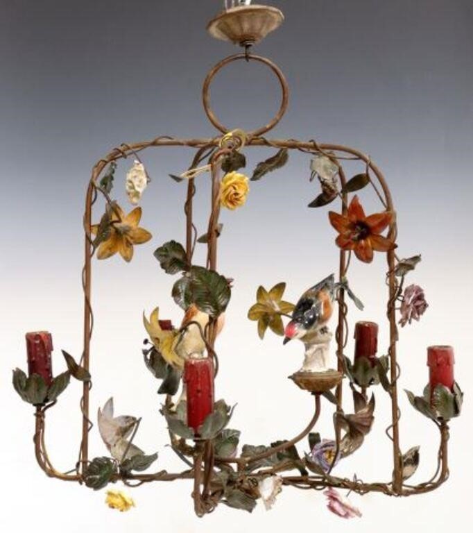 Appraisal: Italian patinated metal and porcelain five-light chandelier th c birdcage