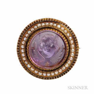 Appraisal: Antique Amethyst and Seed Pearl Brooch centering a carved amethyst