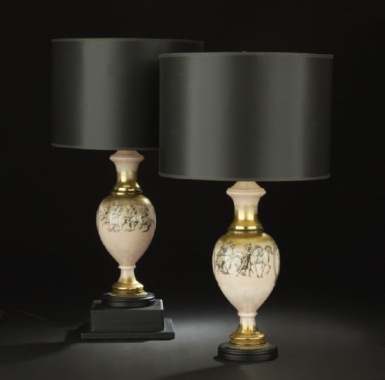 Appraisal: Pair of English Glass Vasiform Table Lamps the parcel-gilt reverse-painted