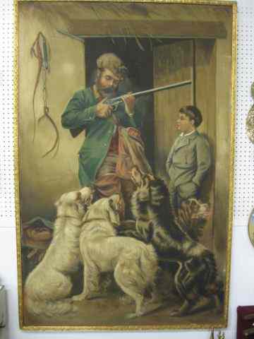 Appraisal: Large Oil on Canvas of Hunting Timewith father son dogs