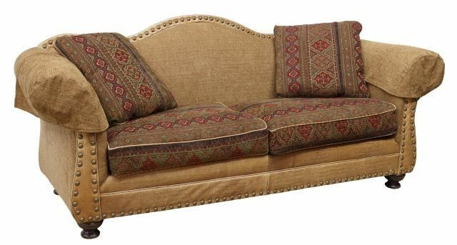 Appraisal: Leather and upholstered camelback sofa King Hickory Furniture North Carolina