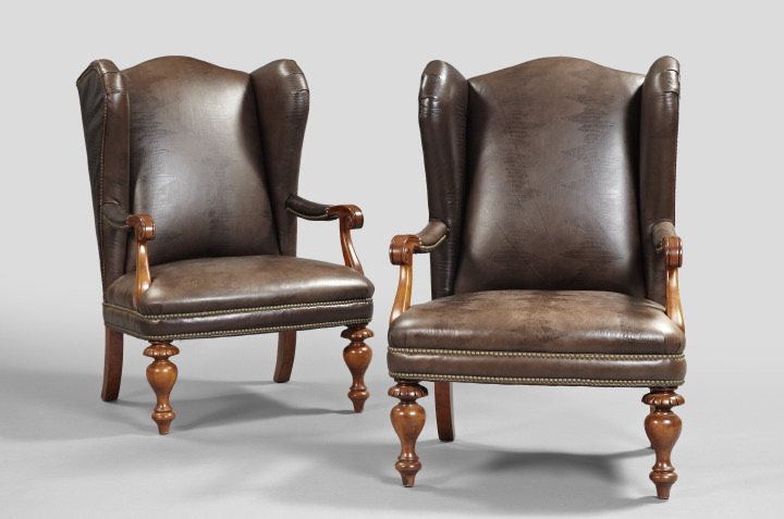 Appraisal: Pair of Continental Fruitwood and Upholstered Wing Chairs each with