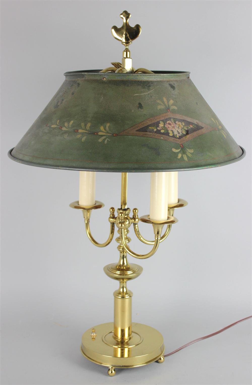 Appraisal: BRASS THREE-CANDLESTICK LAMP WITH PAINTED TIN SHADE on a circular