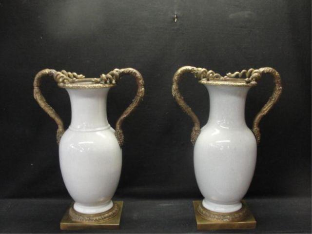 Appraisal: Pair of Celadon Style Porcelain and Bronze Urns From a