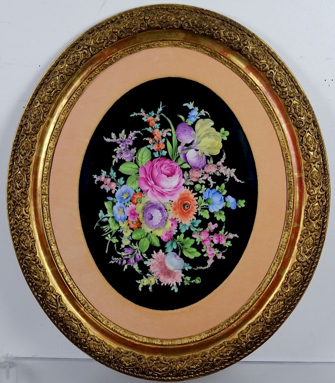 Appraisal: Antique Floral Oval Porcelain Art Plaque Painting Large Continental floral