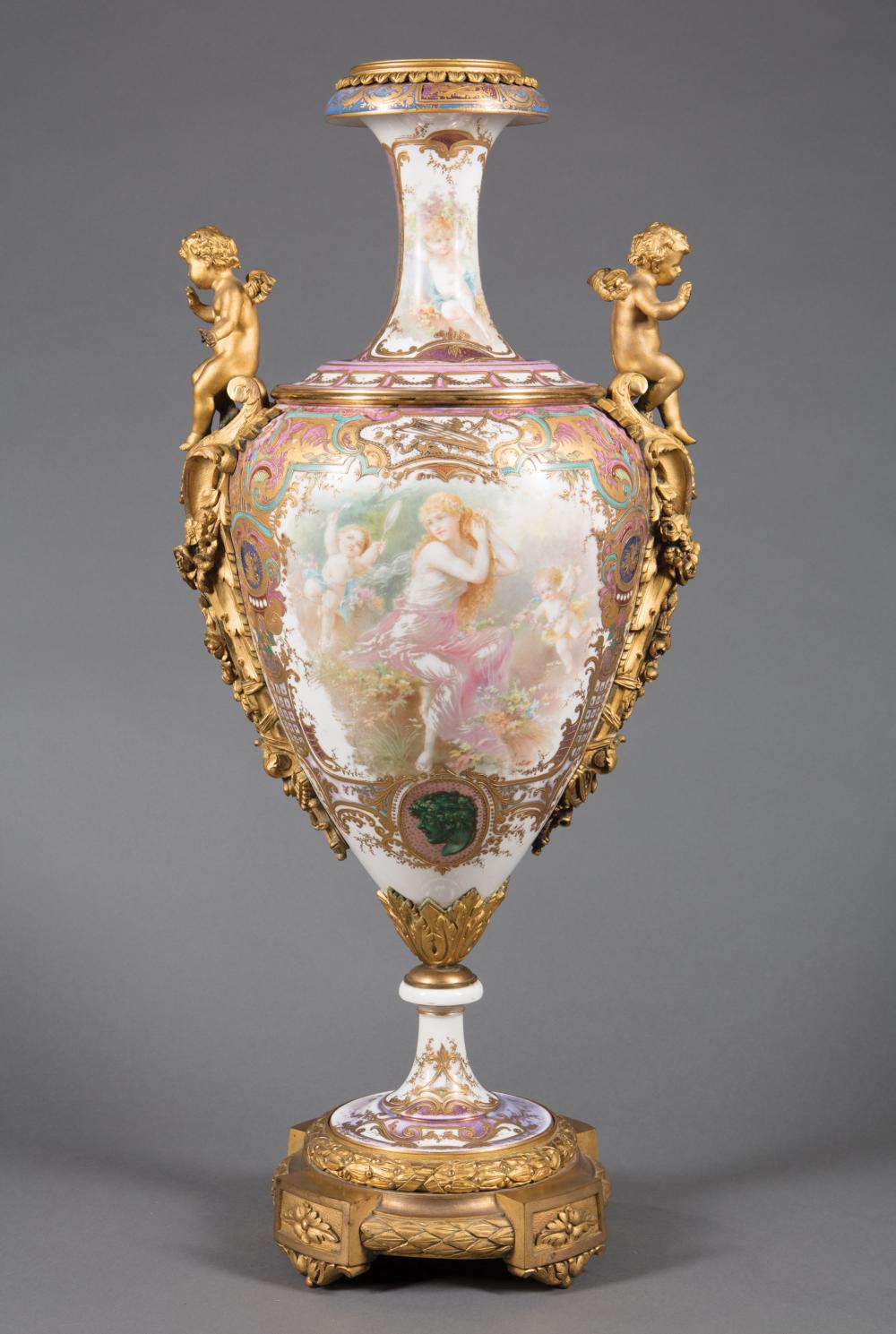 Appraisal: Large Bronze-Mounted Sevres-Style Polychrome and Gilt Porcelain Vase th c