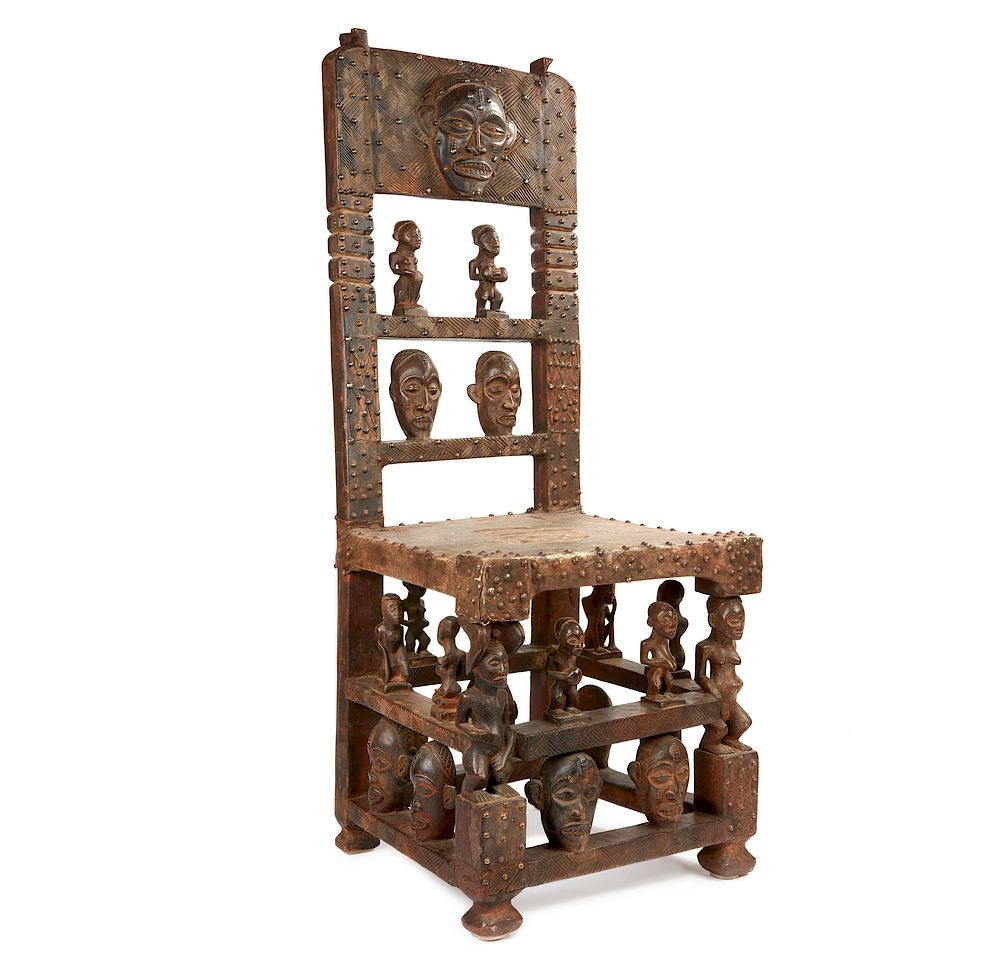 Appraisal: Large Chokwe Chair Large Chokwe wooden chair with metal studs