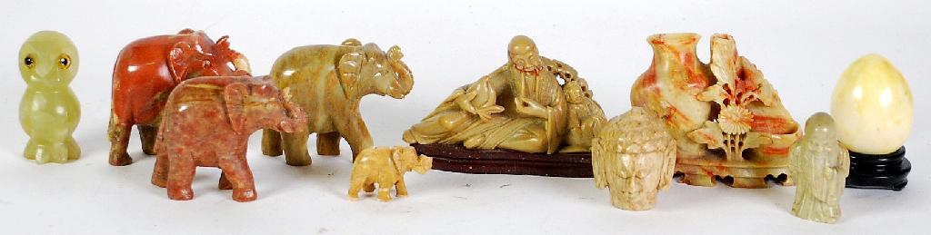 Appraisal: COLLECTION OF ORIENTAL CARVED SOAPSTONE WARES INCLUDES SEATED DEITY long