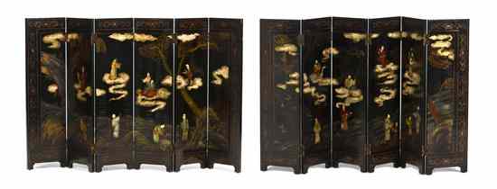 Appraisal: A Pair of Chinese Lacquered and Painted Floor Screens depicting