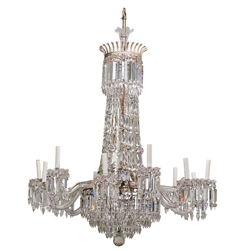 Appraisal: ENGLISH CUT GLASS CHANDELIER Twelve light with hanging prisms late