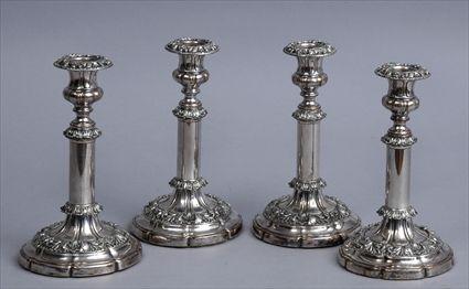 Appraisal: SET OF FOUR SHEFFIELD PLATE TELESCOPIC TABLE CANDLESTICKS Each adjustable