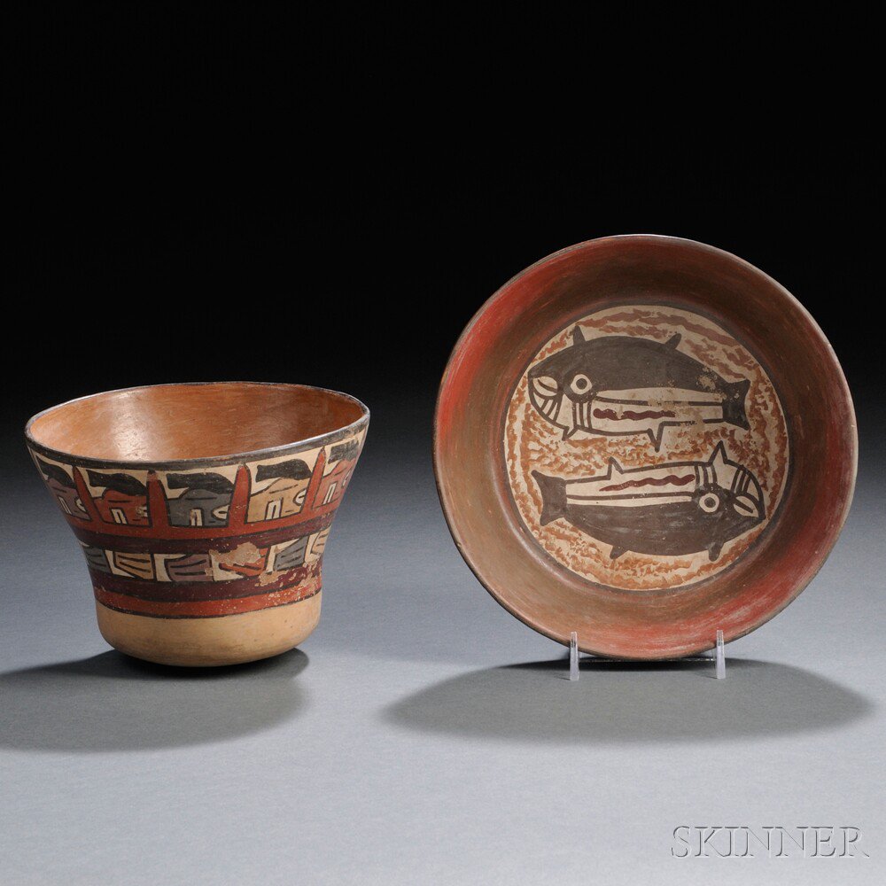 Appraisal: Two Nasca Polychrome Pottery Bowls a shallow bowl with fish